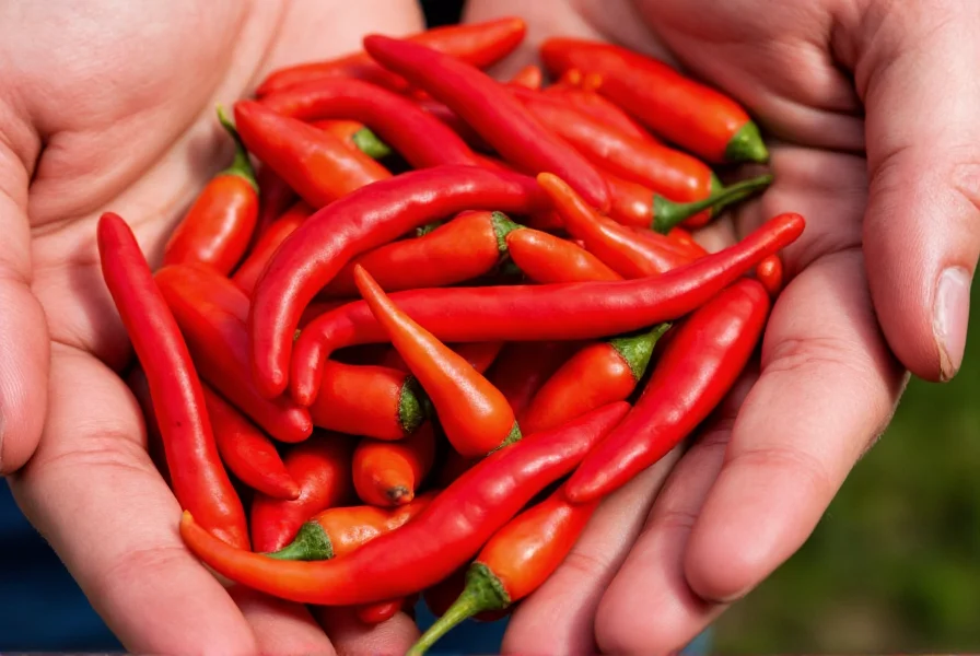 Hand holding freshly harvested red chili peppers showing vibrant color and firm texture
