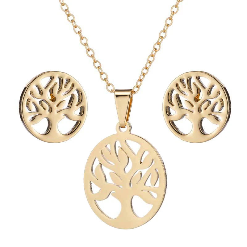 

Wish Amazon Woman Hot Sale Gold Silver Plated Hollow Out Life Of Tress Stainless Steel Pendant Earring Necklace Jewelry Set, Silver & gold color