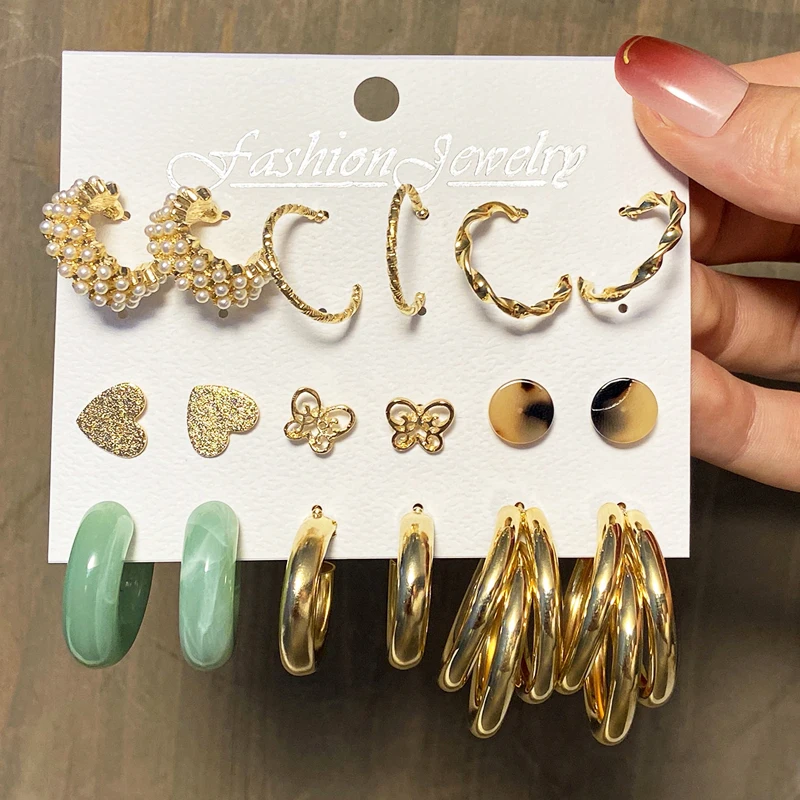 

Women Trendy Mixed Resin Acrylic Pearl Crystal Hoop Drop Earrings Geometric Heart Snake Butterfly Earring set Jewelry, Gold