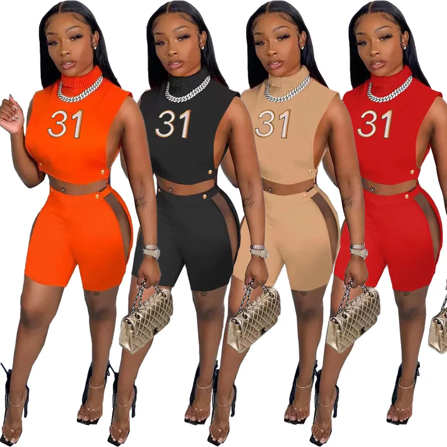 

2022 Autumn sexy plus size Women Clothing 2 Piece shorts Set embroidery sleeveless sweatsuit streetwear casual Outfits women