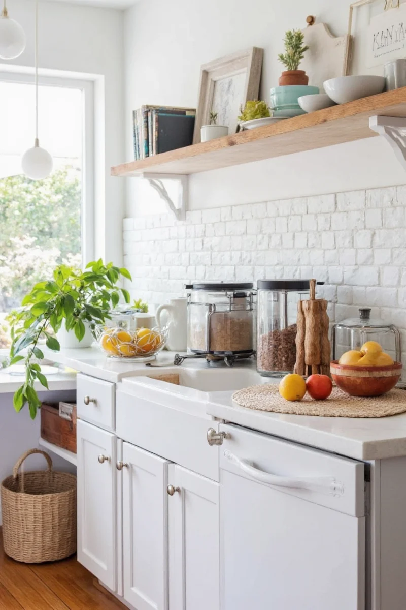 Scandinavian-style small kitchen with white cabinets and natural wood