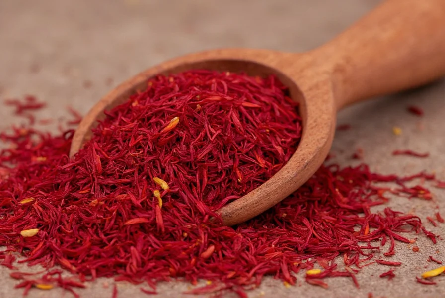 Close-up of authentic saffron threads in glass vial with proper labeling showing origin and harvest date