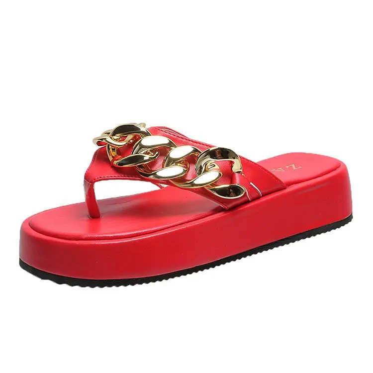 

2021 New Sponge Cake Thick-soled Large Size Flip-Flops Women's Flat-Bottom Casual Beach Shoes Chain Women's Shoes, Picture