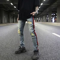 

OEM vintage washed stock dropshipping ripped distressed men track skinny denim jeans pants