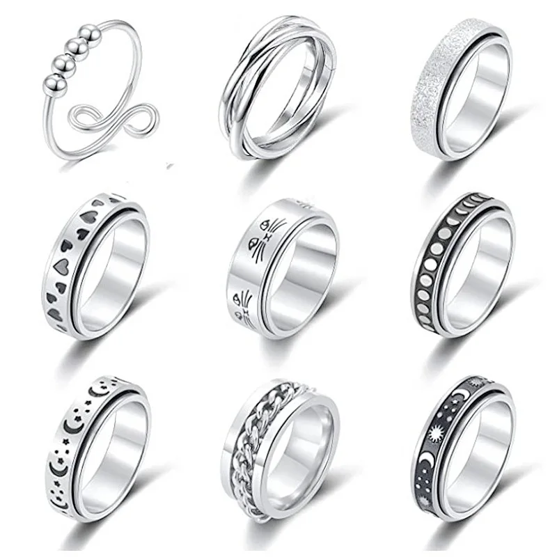 

Rotatable Spinner Anxiety Fidget Ring Star Moon Wedding Rings Couple Set Stainless Steel Ring for Women Men, As picture