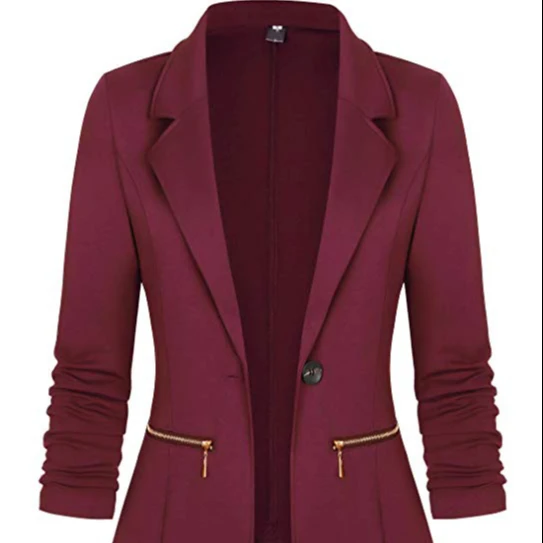 

Women Office Solid Blazer Metal Button Zipper Pocket Notch Lapel Office lady Suit Slim Blazer