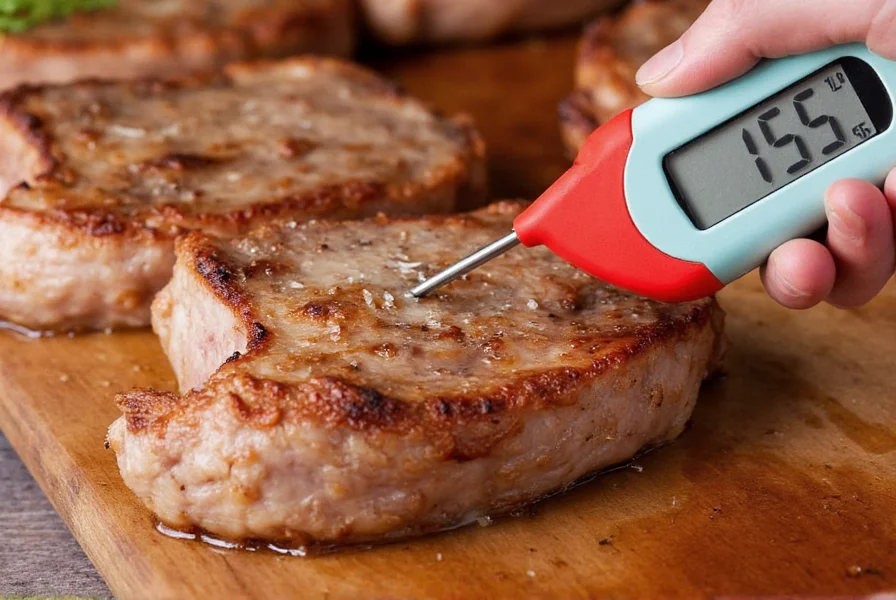 Close-up of thermometer showing 145 degrees Fahrenheit in perfectly cooked pork chop with salt and pepper