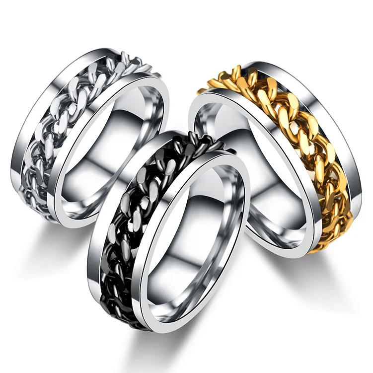 

Amazon Hot Selling 8mm Men Spinner Chain Ring Stainless Steel Fidget Rings for Anxiety, Gold/silver/black