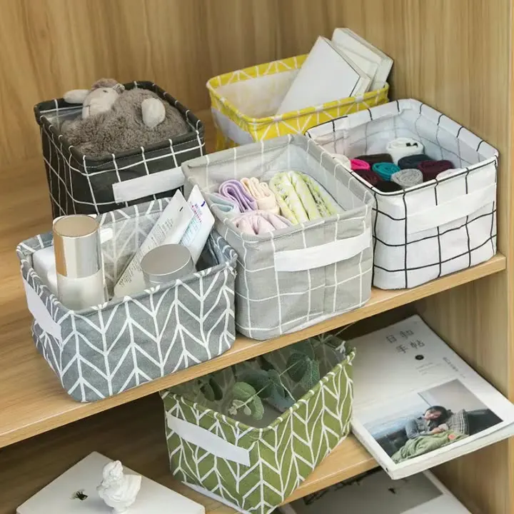 

Foldable Desktop Bins Cotton Linen Fabric Storage Box With Handles