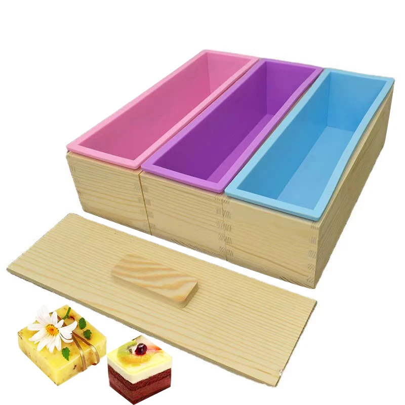 

factory directly new design 1200ml hand make baking moulds for soaps silicone mold rectangle loaf mold with wood box