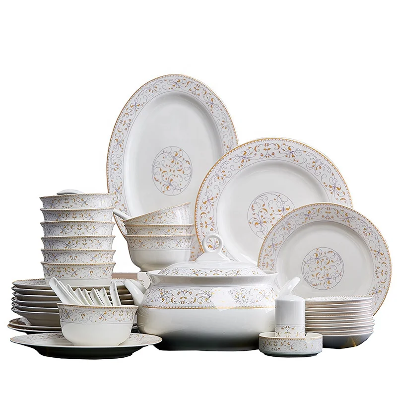 

Wholesale 28/56pcs Ceramic Plate and Bowl Set Bone china Dinner Plates luxury Sets, As shown