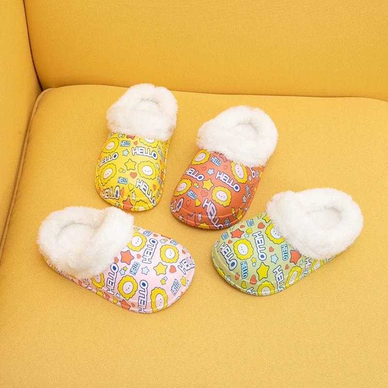 

Autumn Winter New Fuzzy Children Shoes printing Soft Cartoon Girls Plush Kids Slippers Baby Shoes, Yellow, green, pink, orange