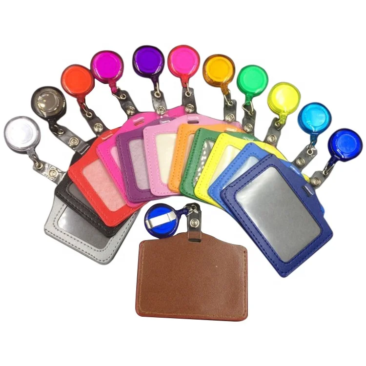 

Colorful hot pu leather name card holder with badge reel yoyo, Red,black,yellow,blue,grey,green,pink,purple
