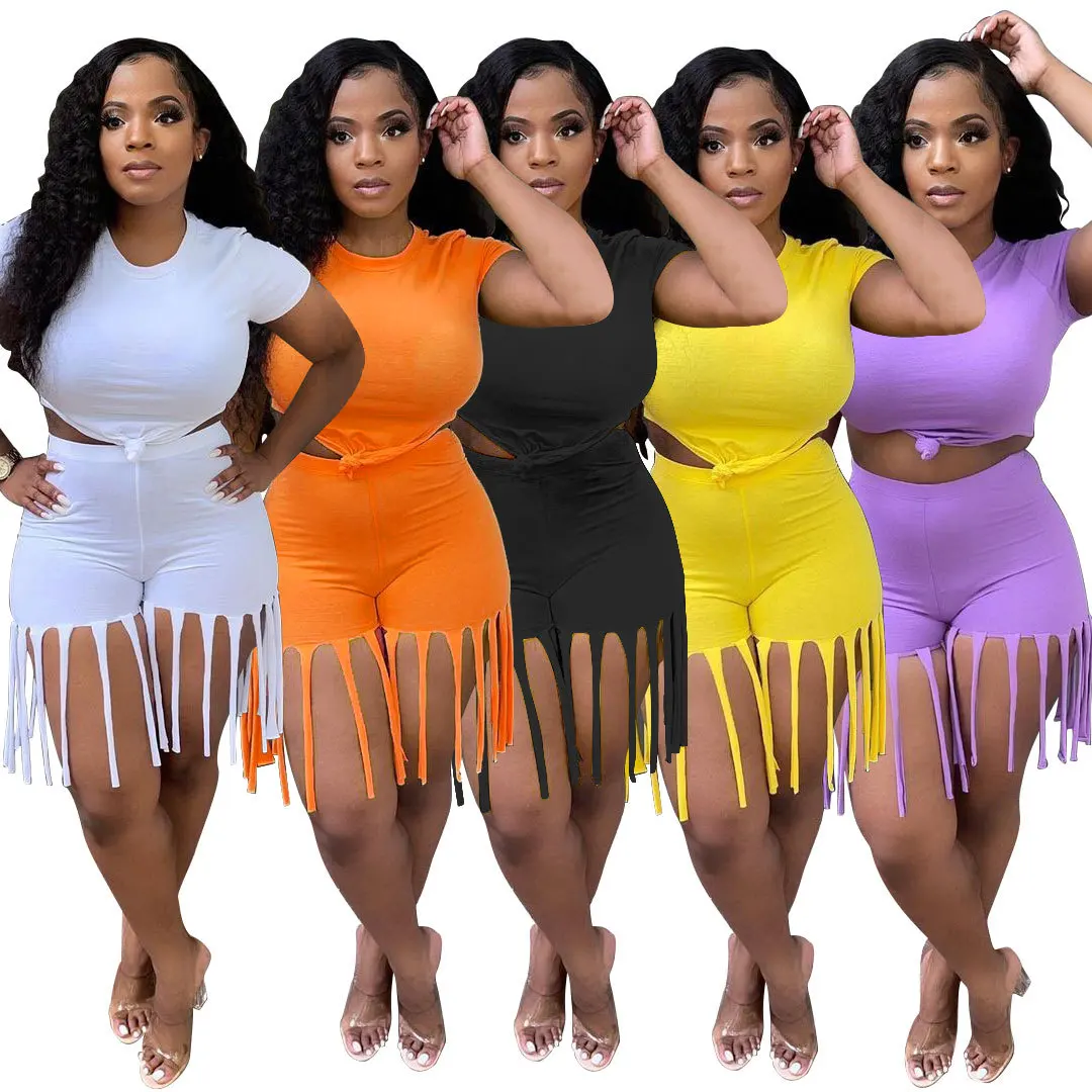 

New summer tassel cotton plus size short two piece set women short for women, As picture show