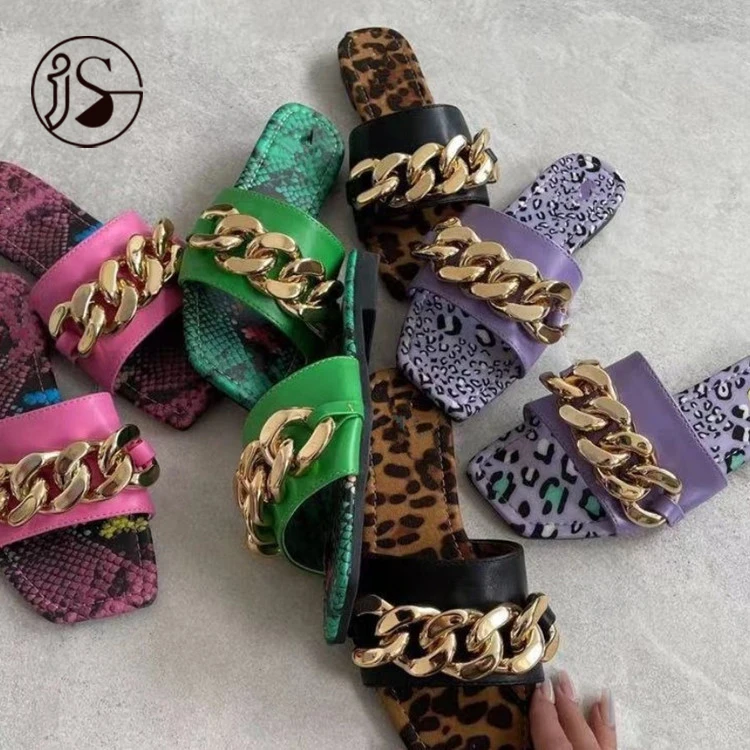 

2021 Fashion leopard women slides metal soft Metal chain sleepers lightweight anti slip slides, Customized color