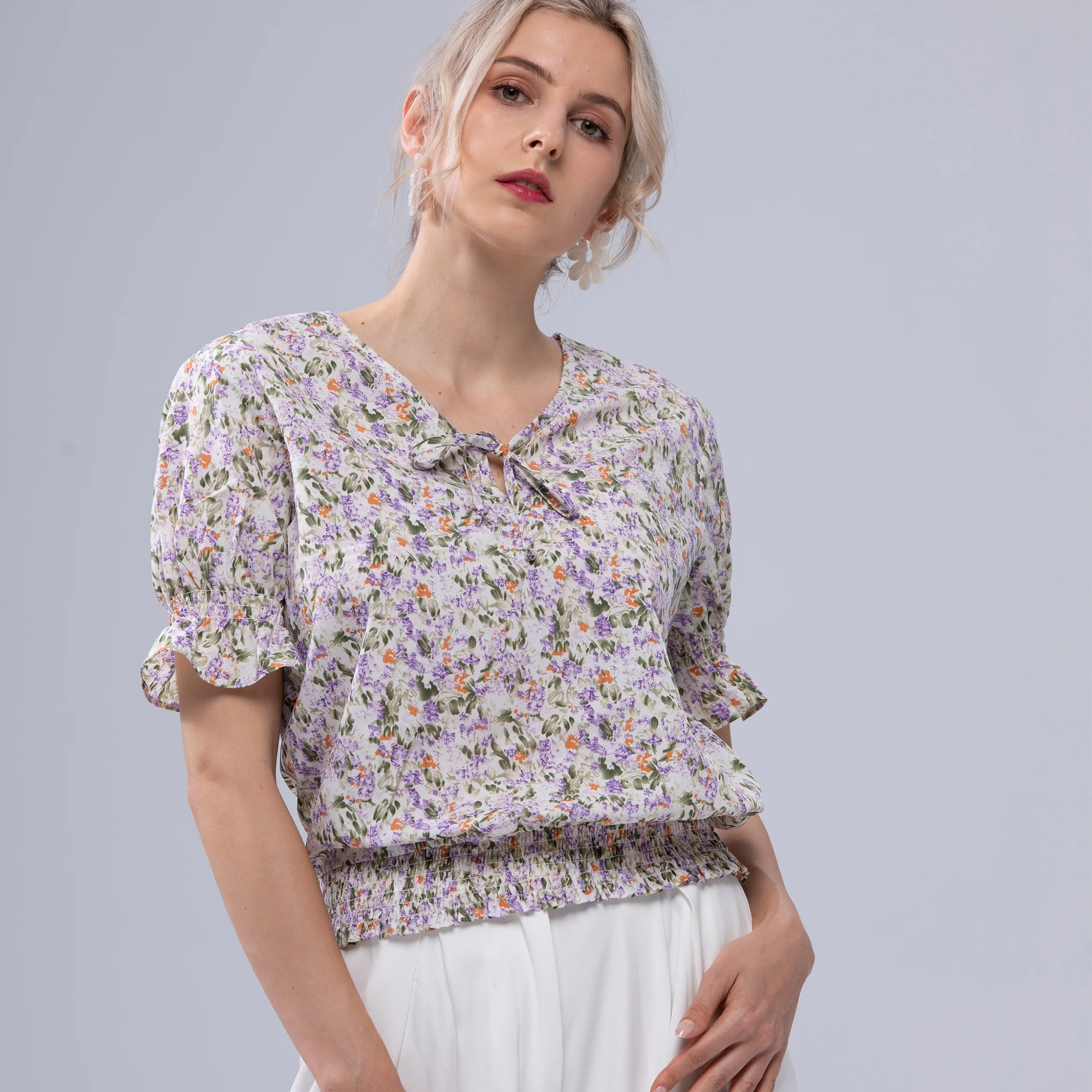 

Women Casual Elegant Short Ruffle Sleeve Smoked Bottom Chiffon Crop Tops Blouses for Ladies