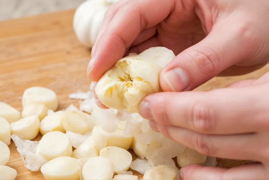 Chef's hands demonstrating proper knife technique for mincing garlic cloves on a wooden cutting board