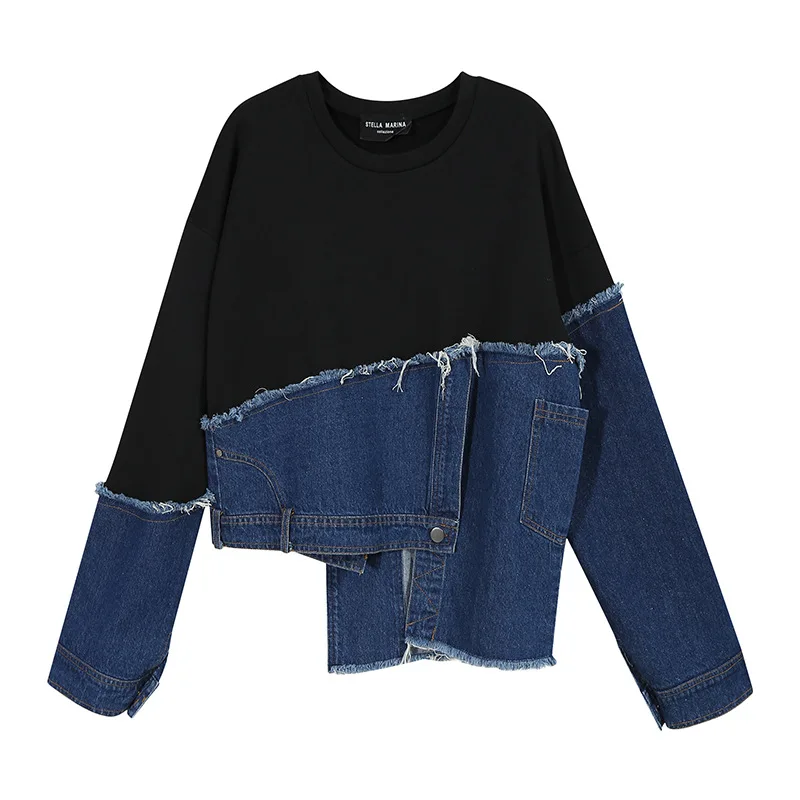 

2021 Autumn and Winter Korean Fashion Casual Loose Irregular Long-sleeved T-shirt Stitching Denim Pocket Female T-shirt