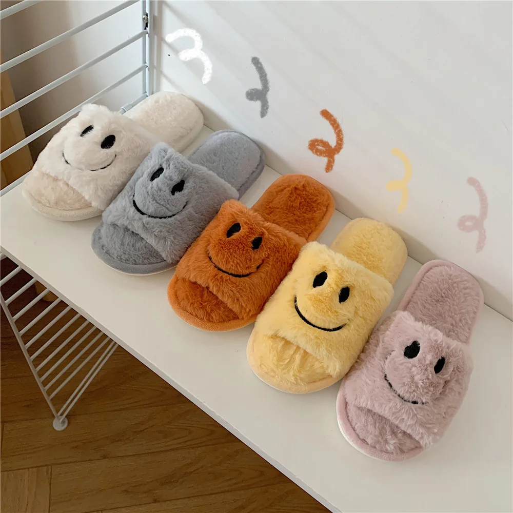 

Korean home indoor warm smiley face cotton slippers female winter cartoon slippers cute fuzzy slippers, Customized color