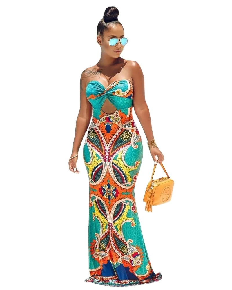 

Women's Printed Sexy Beach Dress Wrapped Chestless Backless Sleeveless Long Skirt New Summer 20200122072