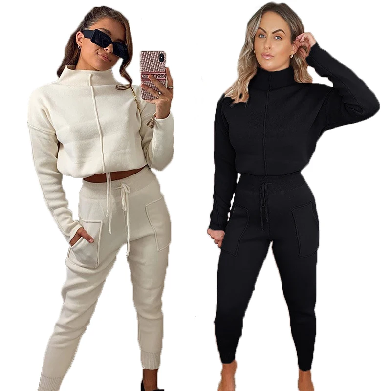 

2021 Women New Autumn Turtleneck Midriff Sports Leisure sweat pant set and Women's sweater set