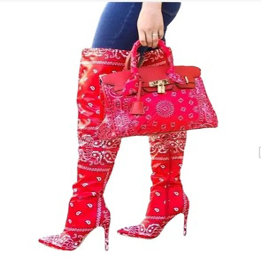 

2020 Winter Fall Warm Shoes Europe Kitten Heel Satin Sexy Ladies Shoe Printed Pretty Good Elastic Boots Thigh High Boots, As shown in figure