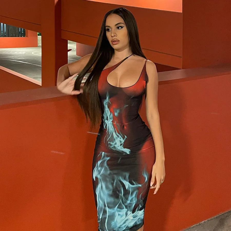 

Kliou K21D09491 Summer sexy party fashionable women's dress Sleeveless one-shoulder printed semitransparent mesh tight dress