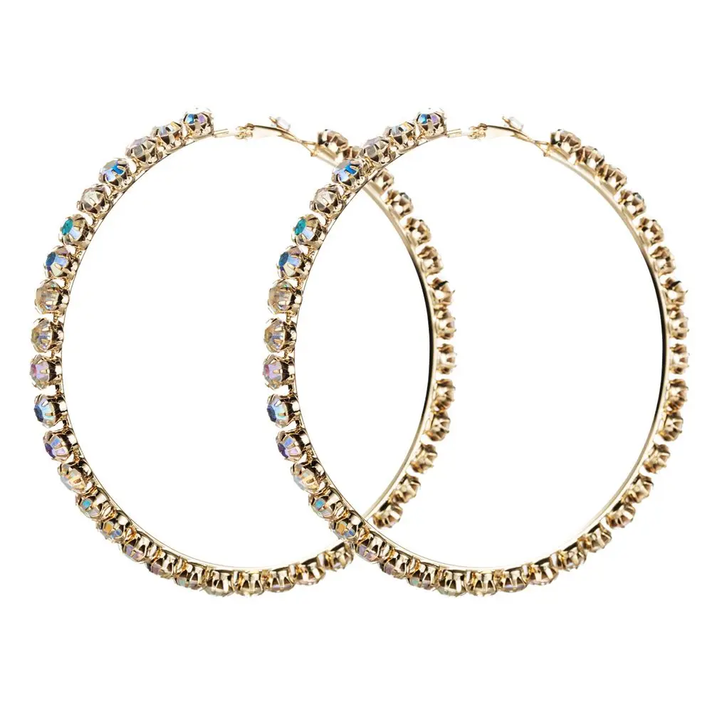 

2019 Women Jewelry New Arrival Big Large Silver Plated AB Color Rhinestone Diamond Hoop Earrings, Gold silver ab color hoop earrings