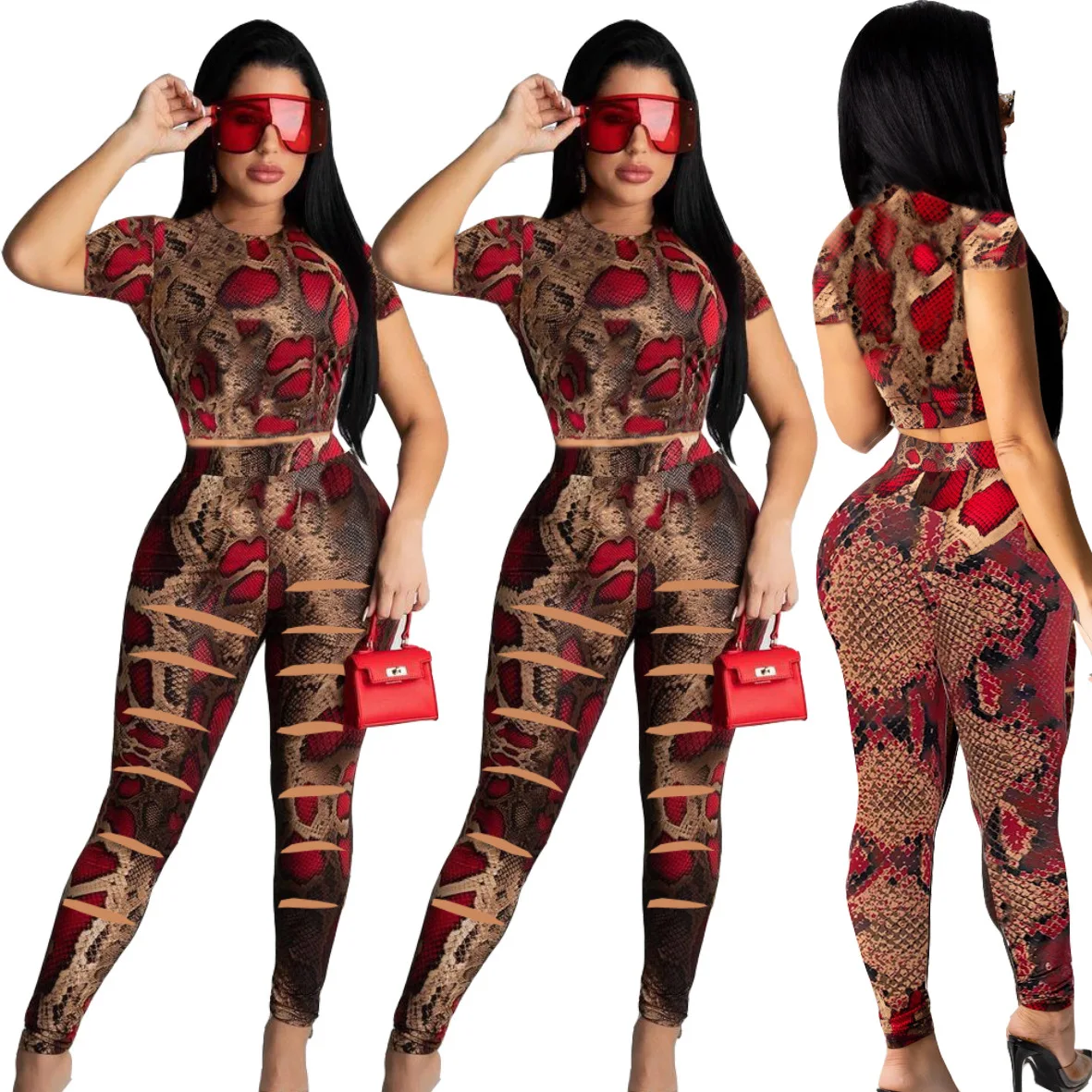 

10301-MX70 popular ripped snake printed crop top jumpsuits women 2021 sehe fashion