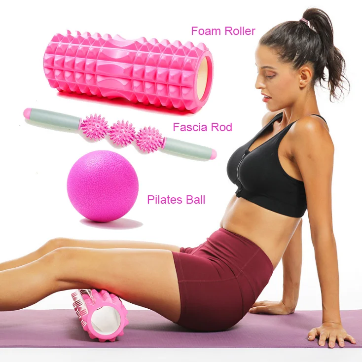 

Fitness Gift Set High Density Yoga EVA/EPP 33cm foam Fascia Back Roller+Leg Muscle Massage Roller Stick+Exercise Pilates Ball, Pink/purple/blue/orange