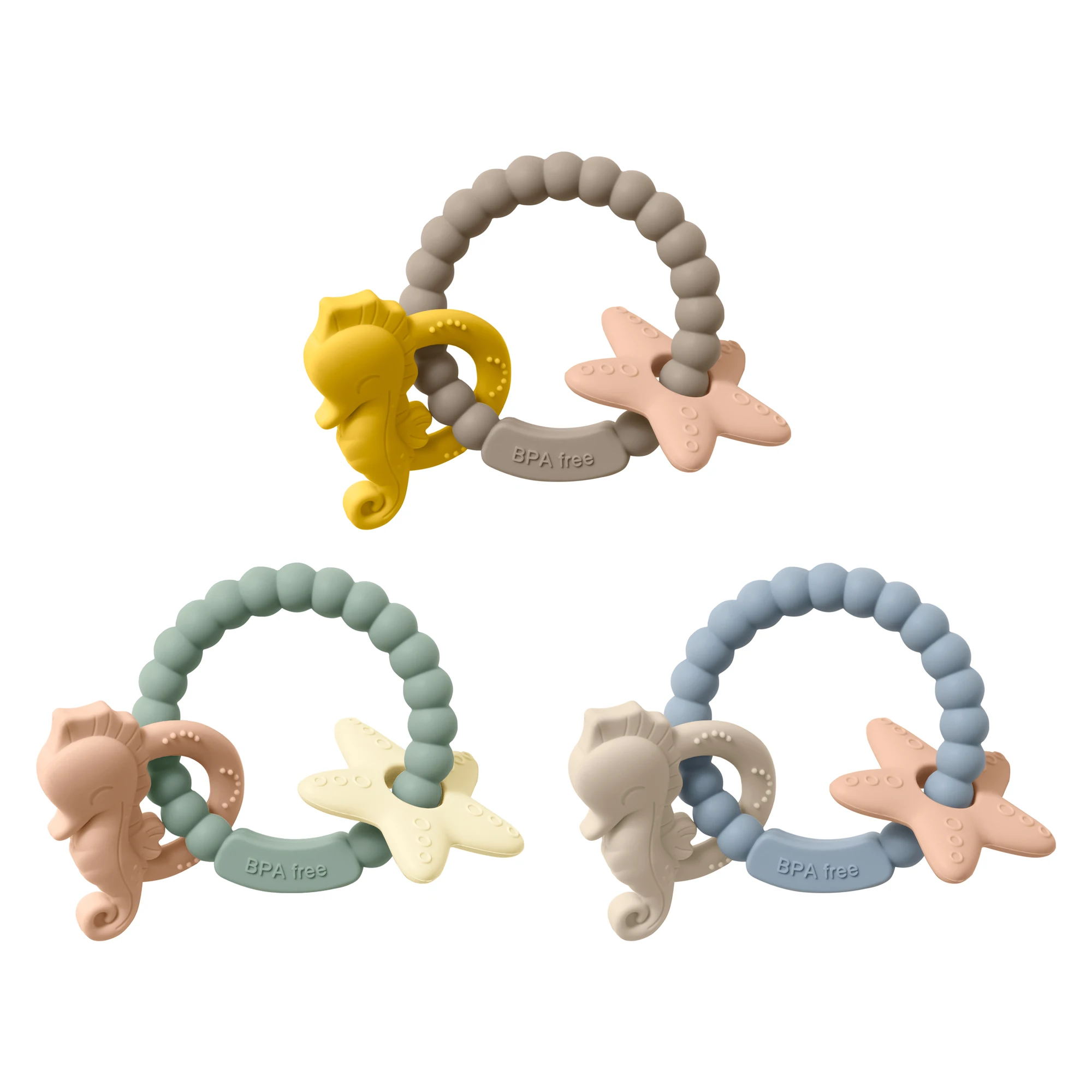 

2023 new design baby silicone teether toy ring baby teethers seahhorse and star shape baby teether BPA FREE customized toy