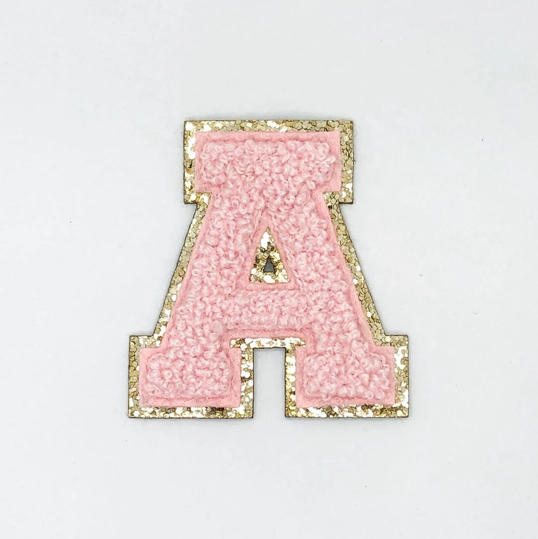 

Custom Embroidered Gold Glitter Blanc Varsity Letter A-Z Chenille Patches Embroidered Logo Patches Embroidery Chenille