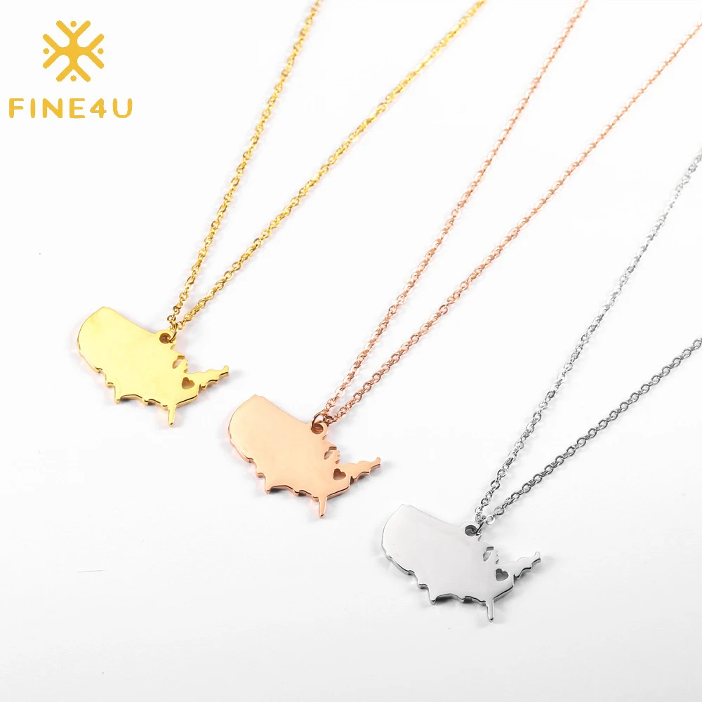 

18k gold plated high polished United States country pendant gold stainless steel usa map necklace, Gold/steel/rose gold