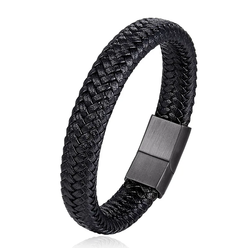 

Genuine Leather Men's Braided Bracelet with Stainless Steel Black Magnetic Closure, As picture