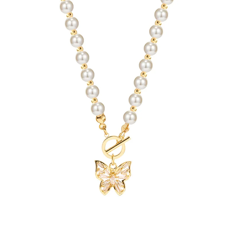 

Classic gold Plated Personalised Charm Unisex Collar Gold Jewelry Chain Necklace with big pearl and butterfly pendant