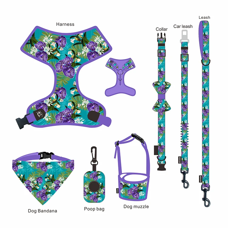 

Custom Pattern logo reflective reversible luxury pet dog vest collars harness and leash pet products set with bow tie bandana, Customized color