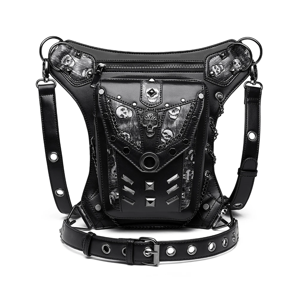 

Skull chain package slanting motorcycle backpack purses waist tactics shoulder crossbody bags for ladies