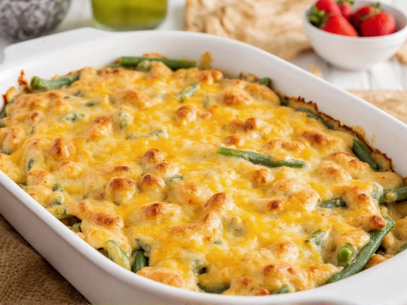 Golden homemade green bean casserole in baking dish