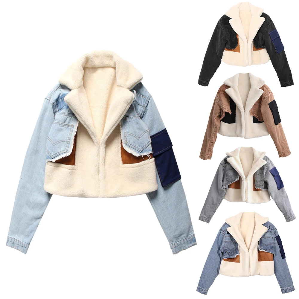 

2021 Best Price Fleece Fur Jacket Winter Women Shearling Fleece Jean Sherpa Jackets for ladies Denim Jean Jacket With Fur