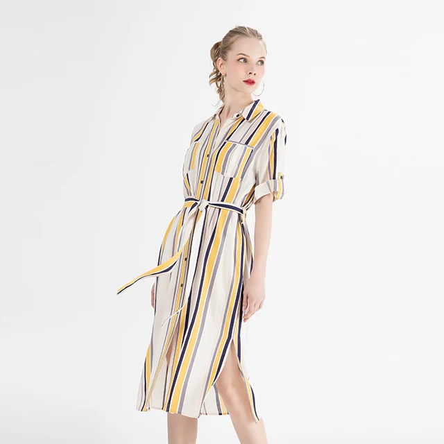 

Women Summer Casual Long Sleeve Linen Belted Ladies Clothing Striped Maxi Shirt Dresses