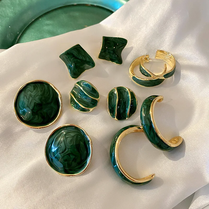 

Fashionable Green Earrings Collection Enamel Geometric Studs Earrings 925 Sterling Silver Post Oil Drip Circle Hoop Earrings
