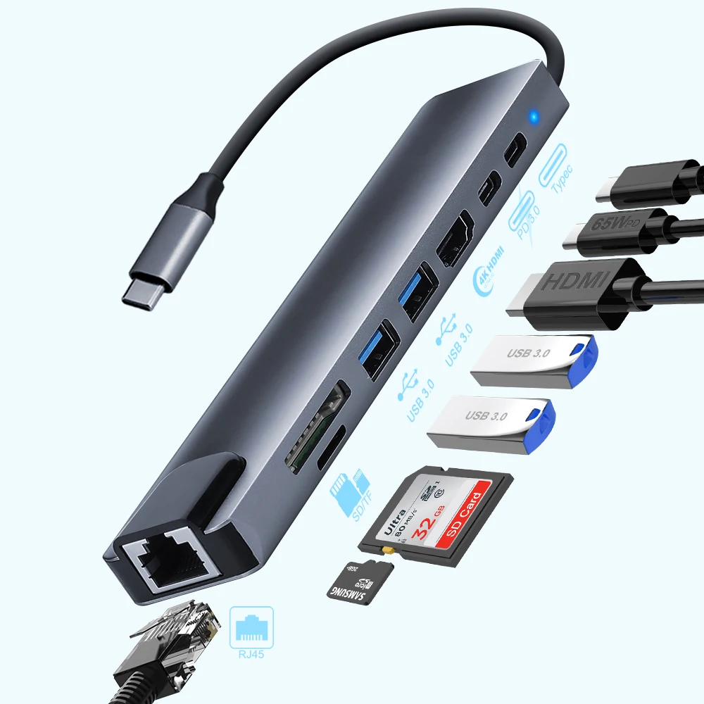 

8 in 1 Type C USB Hub With Gigabit Ethernet 8 Port USB C Dock Adapter for MacBook Laptops USB 3.0 Hub