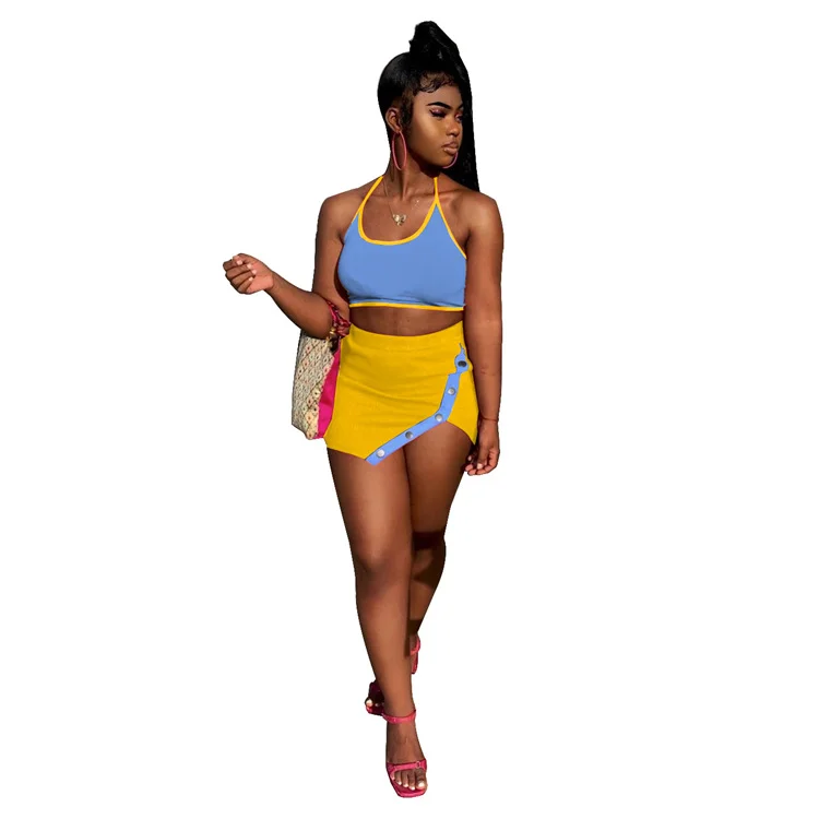 

New Arrival Dresses Women Backless Fashionable Halter Summer Two Piece Set 2021 Women Clothing 2 Piece Skirt Set