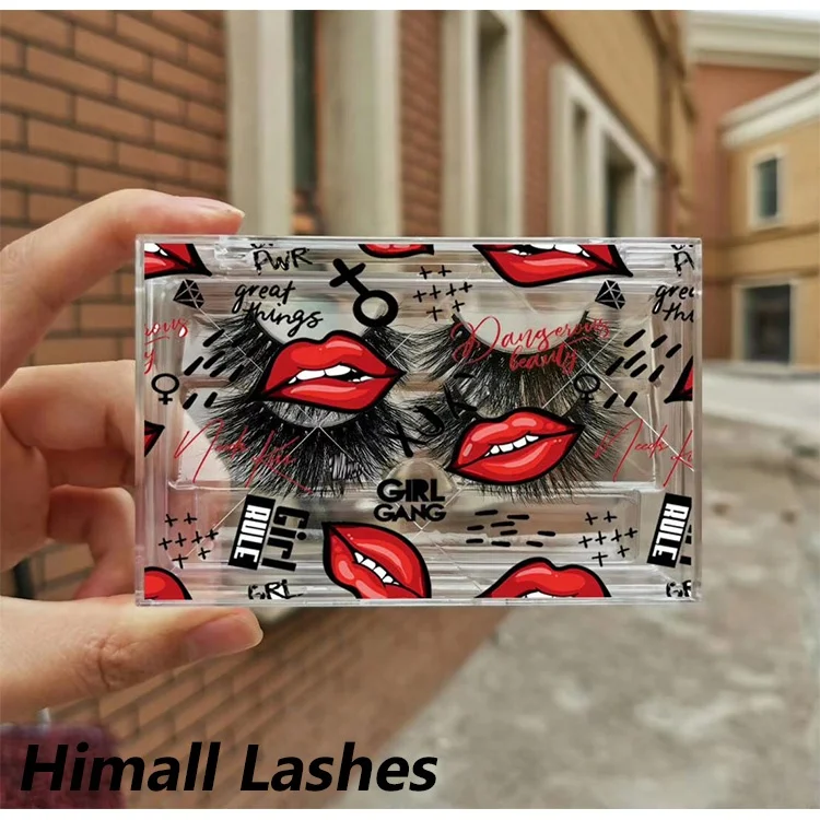 

eyelash vendor customized Acrylic plastic clear box boxes 25mm eyelash brush red mouth Printed Mink Lash Case