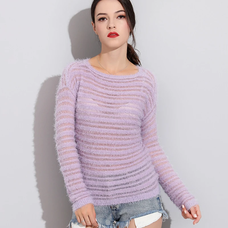 

Mohair Pullover Sweater Woman Knitted Sweaters Long Sleeve Loose O-Neck Hedging Female Pullover Pull Femme Sweater