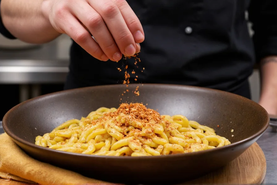 Chef's hand sprinkling chili flakes over a finished pasta dish