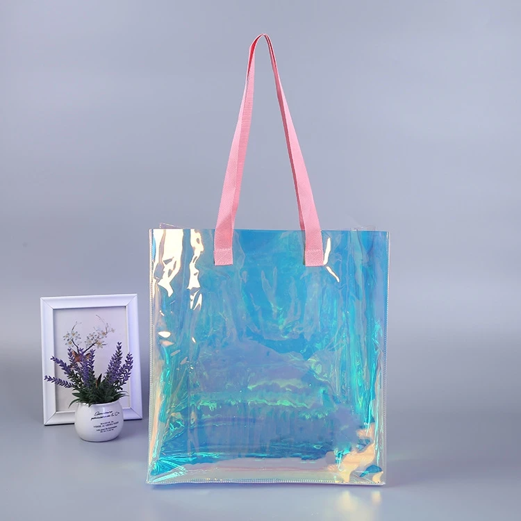 

Laser beach shine holographic pvc bag,white trim shopping iridescent bag tote,hologram iridescent tote bag pvc, Customized color