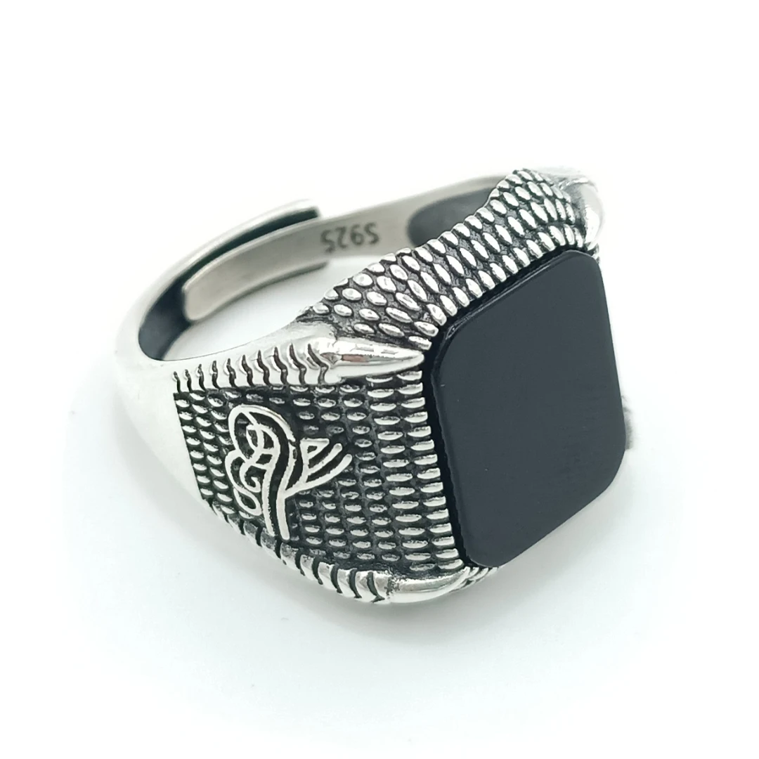 

Turkish classic 925 sterling silver retro natural black agate genuine oval men's ring manufacturer wholesale jewelry