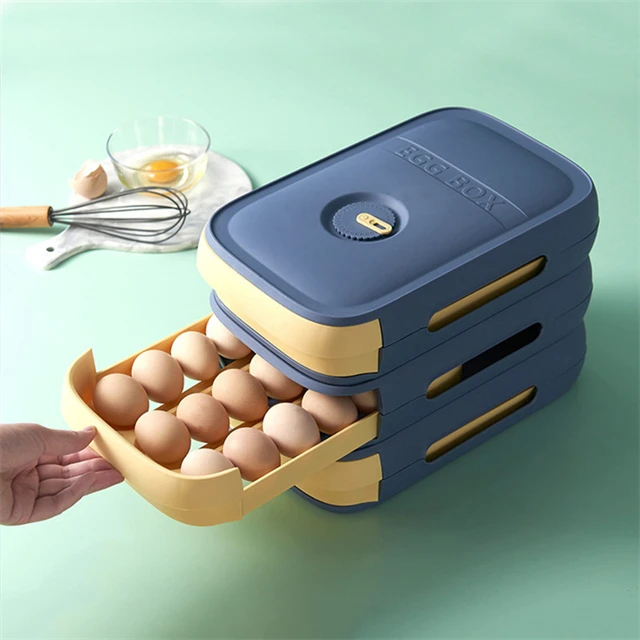 

J725 Kitchen Egg Storage Box Drawer Refrigerator Auto Scrolling Plastic Fresh Storage Egg Box Holder With Lid