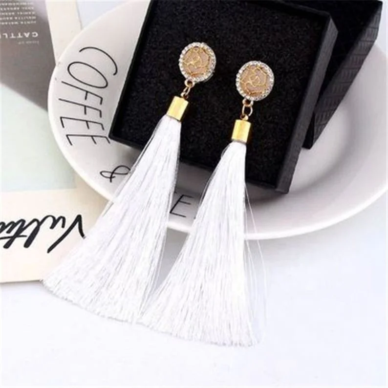 

Fashion Gold Rose Flower Metal Long Fan Tassel Drop Earrings For Women, 9 colors